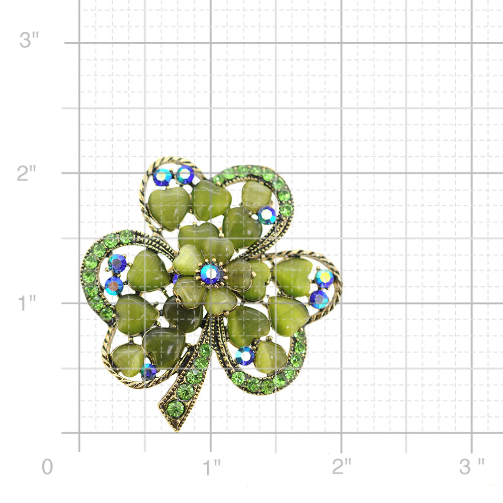 Green 3 Leaf Clover Flower Crystal Pin Brooch