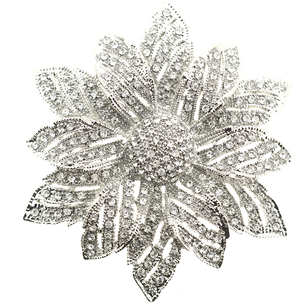 Silver Chrome Flower Crystal Pin Brooch