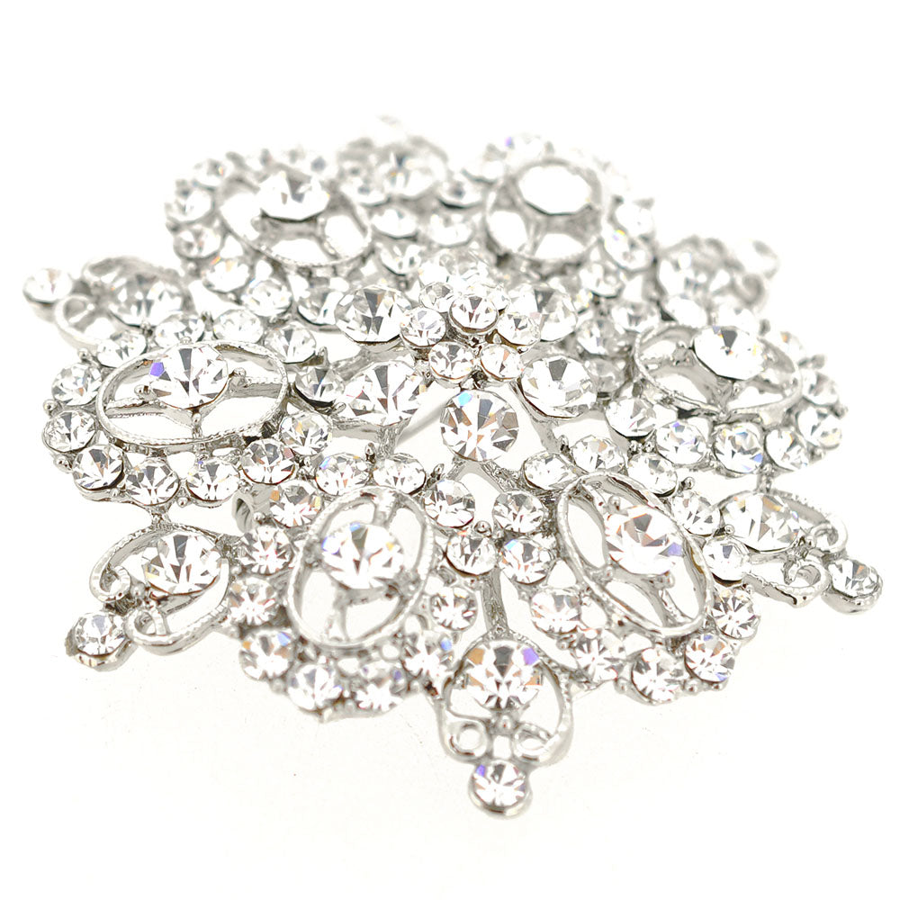 Silver Chrome Flower Crystal Pin Brooch