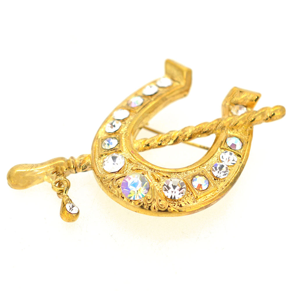 Golden Crystal Horse Shoe Pin Brooch