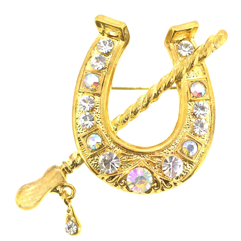 Golden Crystal Horse Shoe Pin Brooch
