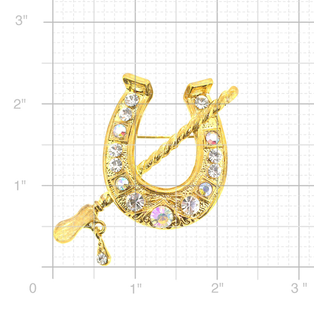 Golden Crystal Horse Shoe Pin Brooch