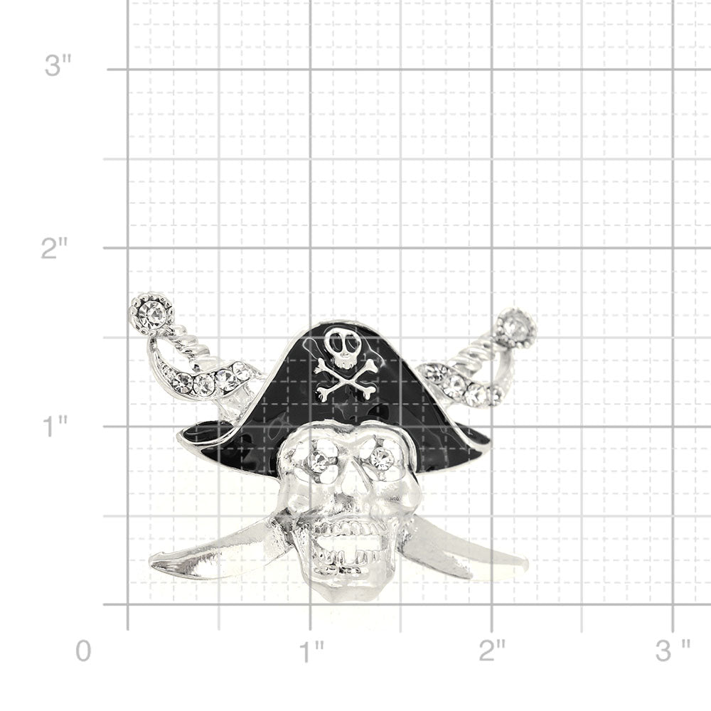 Silver Crystal Captain Skull Pin Brooch