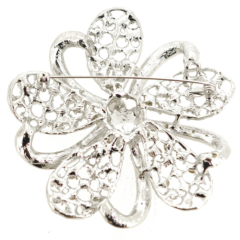 Silver Chrome Flower Crystal Pin Brooch