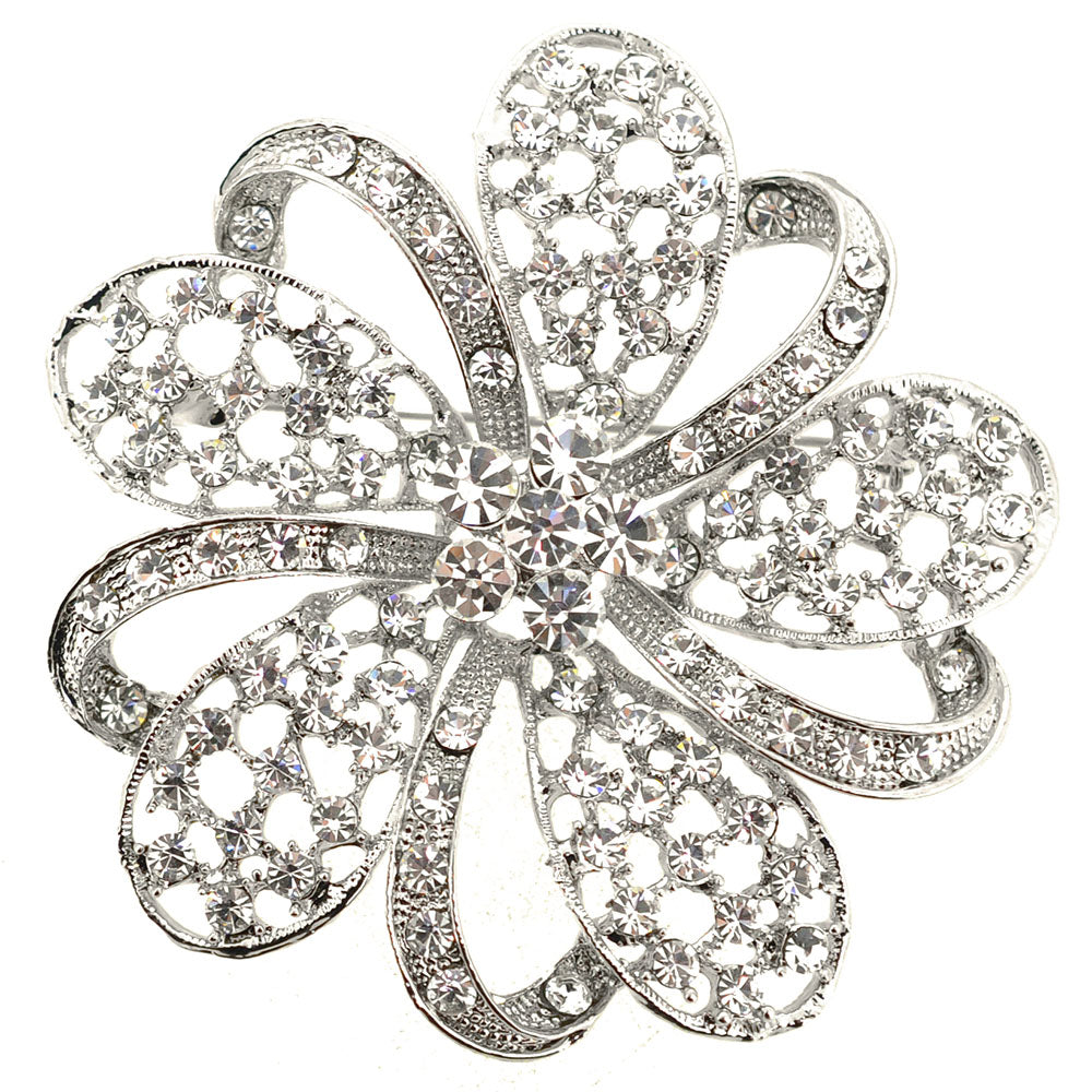 Silver Chrome Flower Crystal Pin Brooch