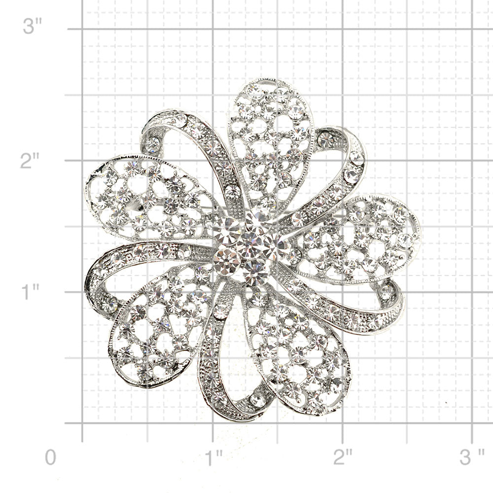 Silver Chrome Flower Crystal Pin Brooch