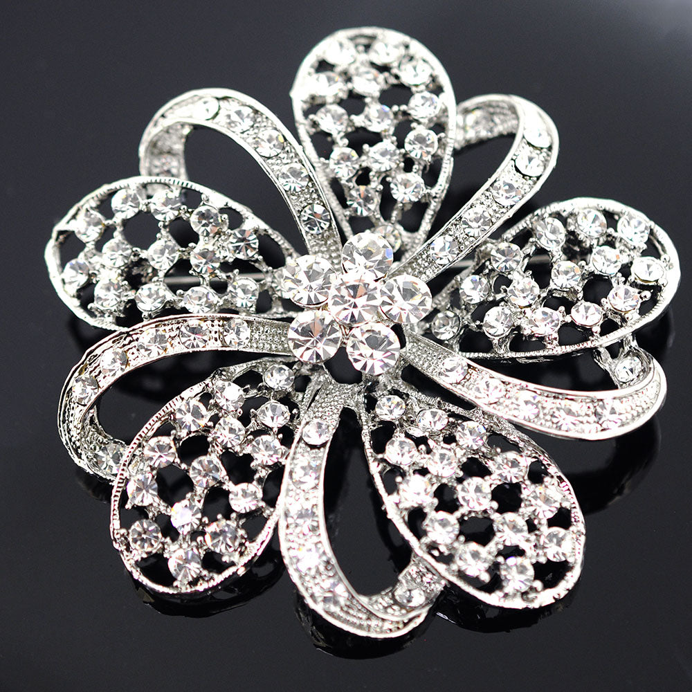 Silver Chrome Flower Crystal Pin Brooch