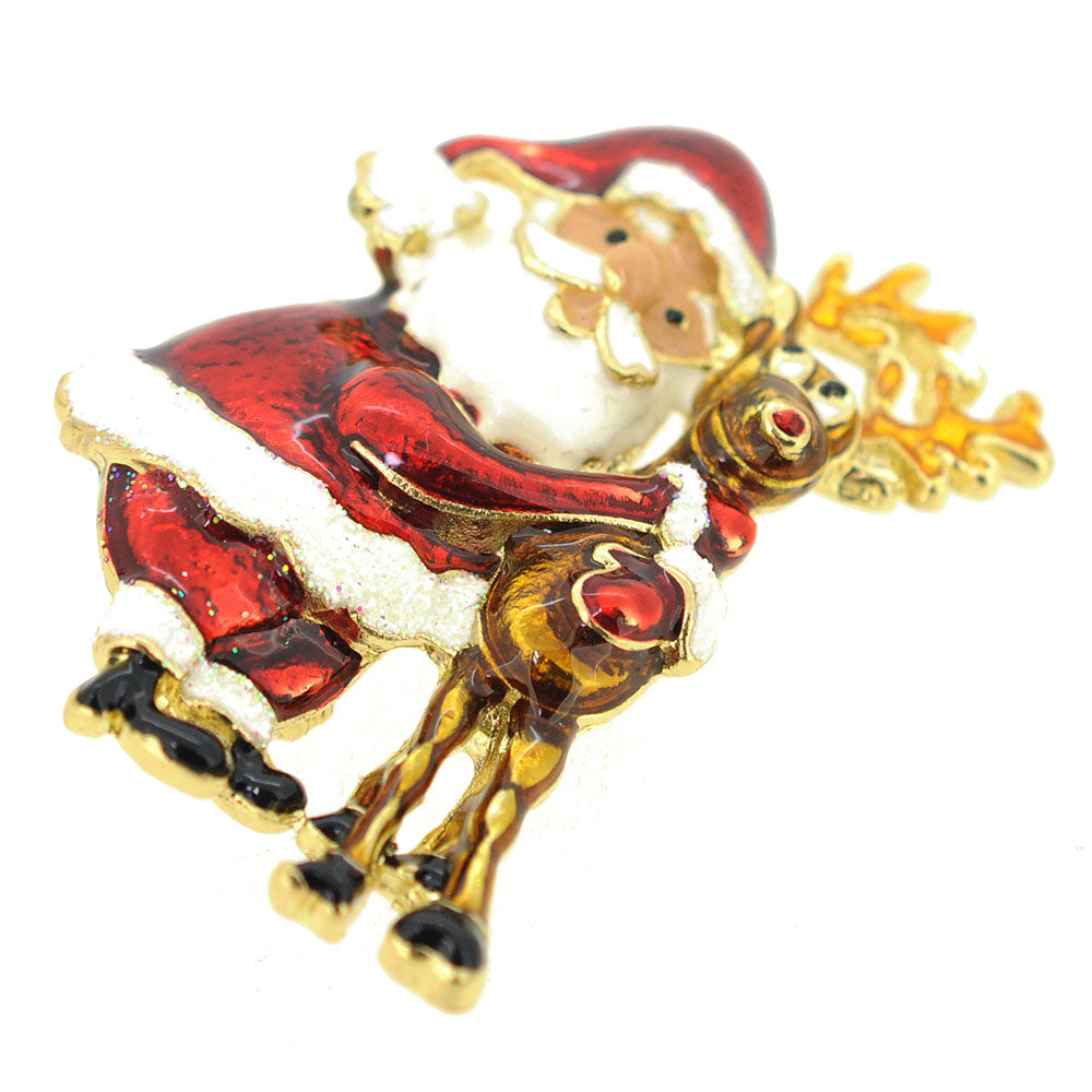 Red Suite Christmas Santa Claus And Reindeer Brooch