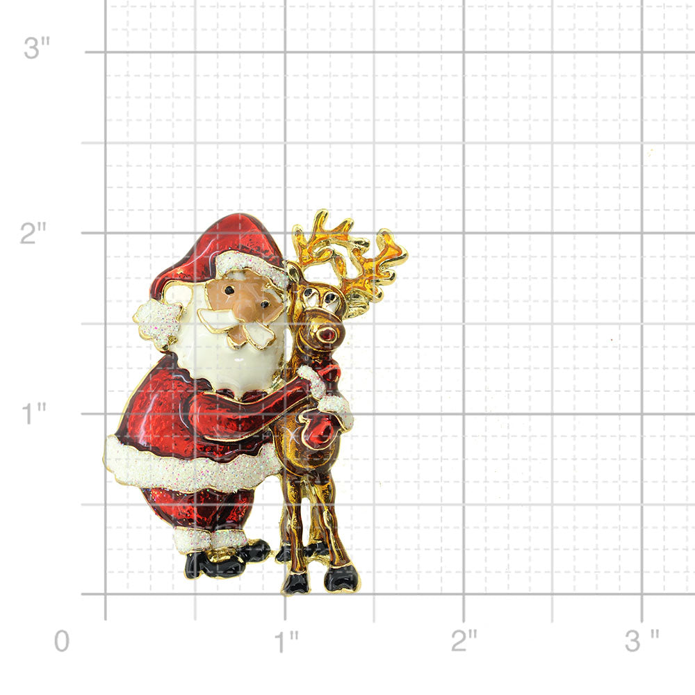 Red Suite Christmas Santa Claus And Reindeer Brooch