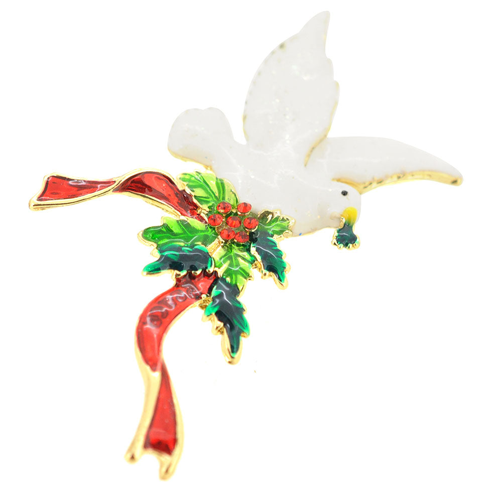 Festive Christmas Dove with Holly Berry Pin Brooch