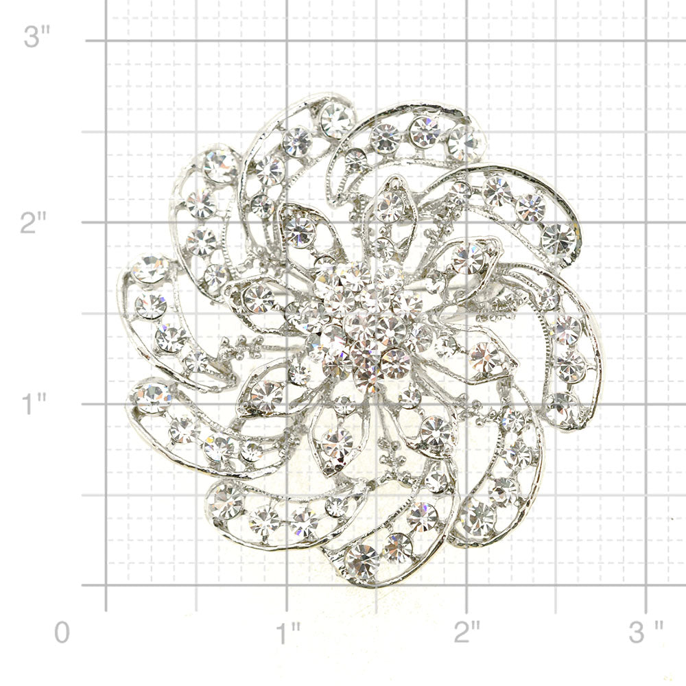 Silver Chrome Flower Crystal Pin Brooch