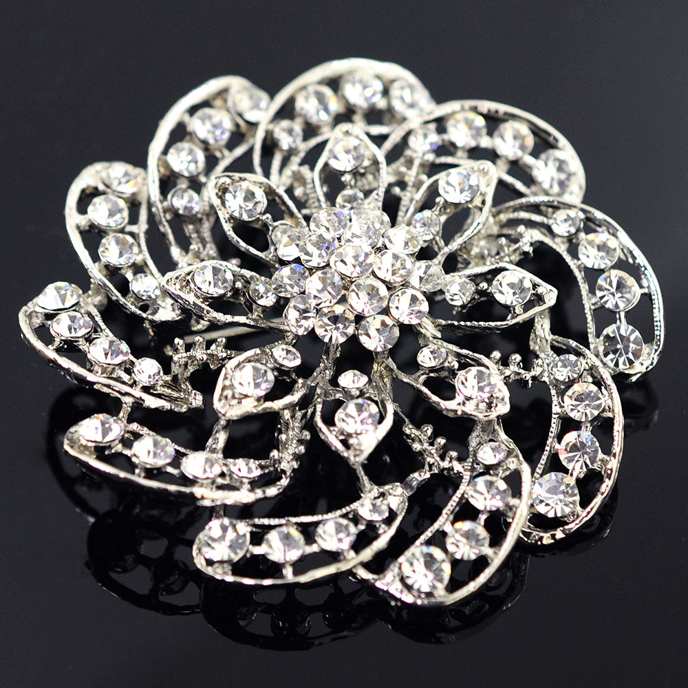 Silver Chrome Flower Crystal Pin Brooch