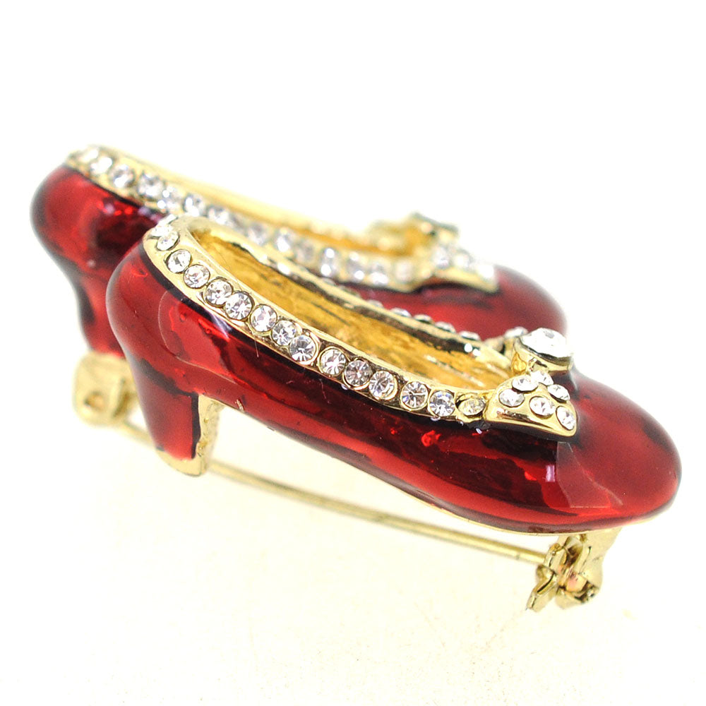 Red Flats Shoes with Clear Crystal Bow Brooch