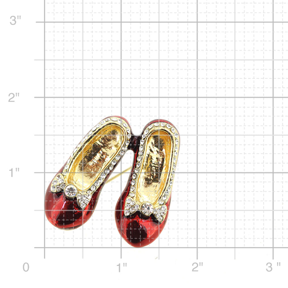 Red Flats Shoes with Clear Crystal Bow Brooch