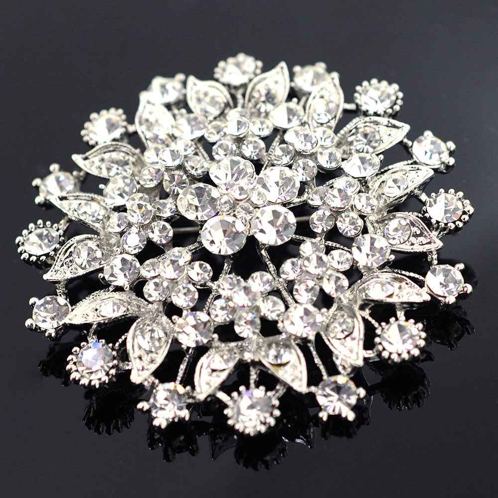 Silver Chrome Flower Crystal Pin Brooch