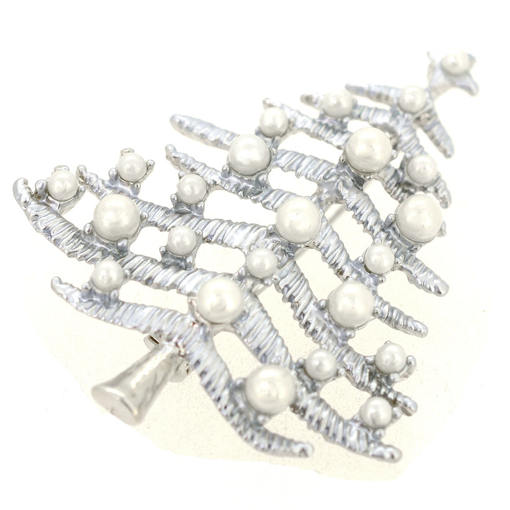 Silver Metallic Pearl Christmas Tree Brooch Pin