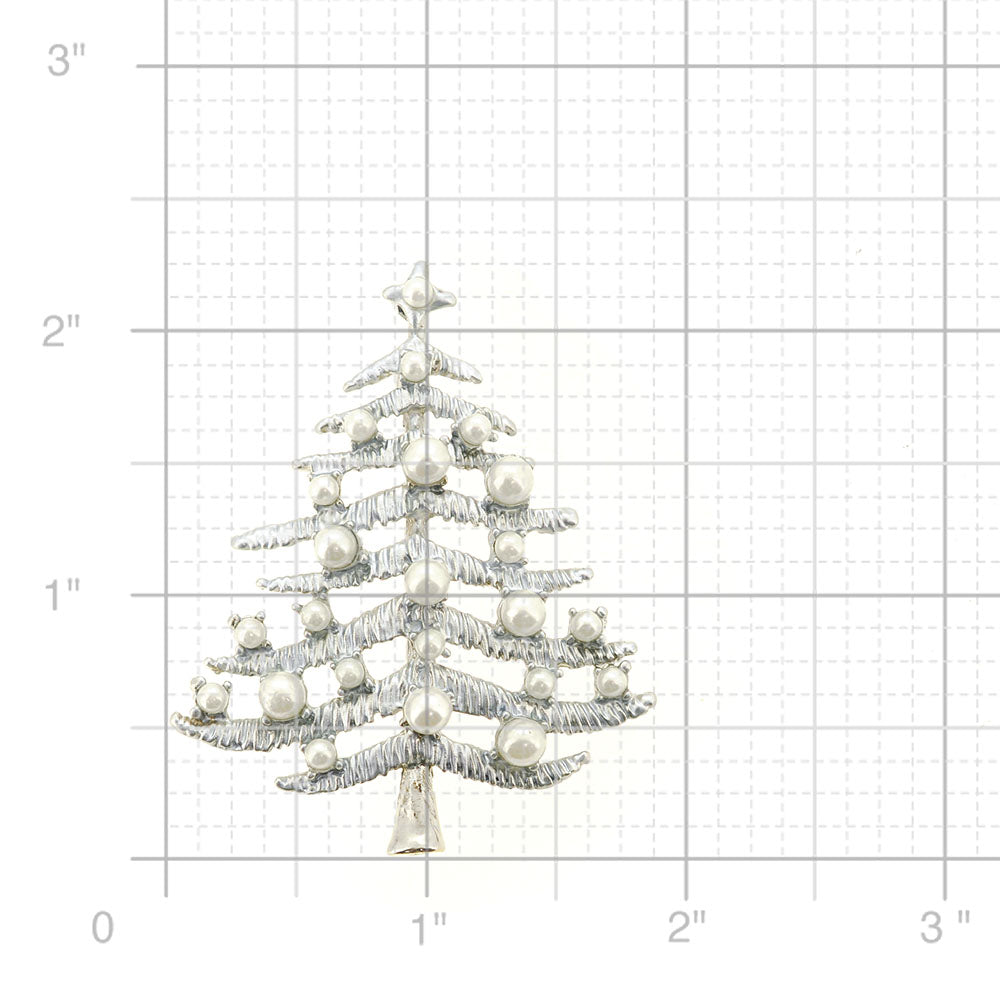 Silver Metallic Pearl Christmas Tree Brooch Pin