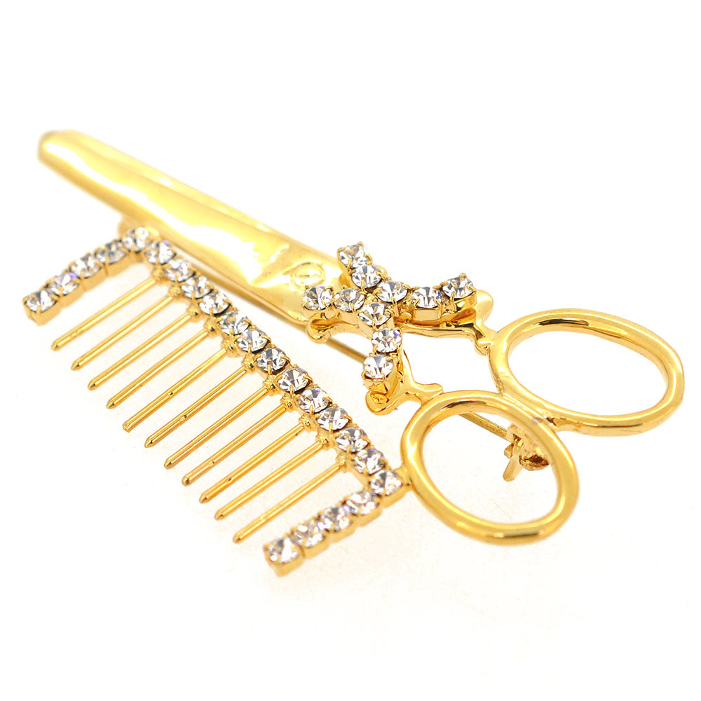 Gold Hair Scissors and Comb Brooch Pin