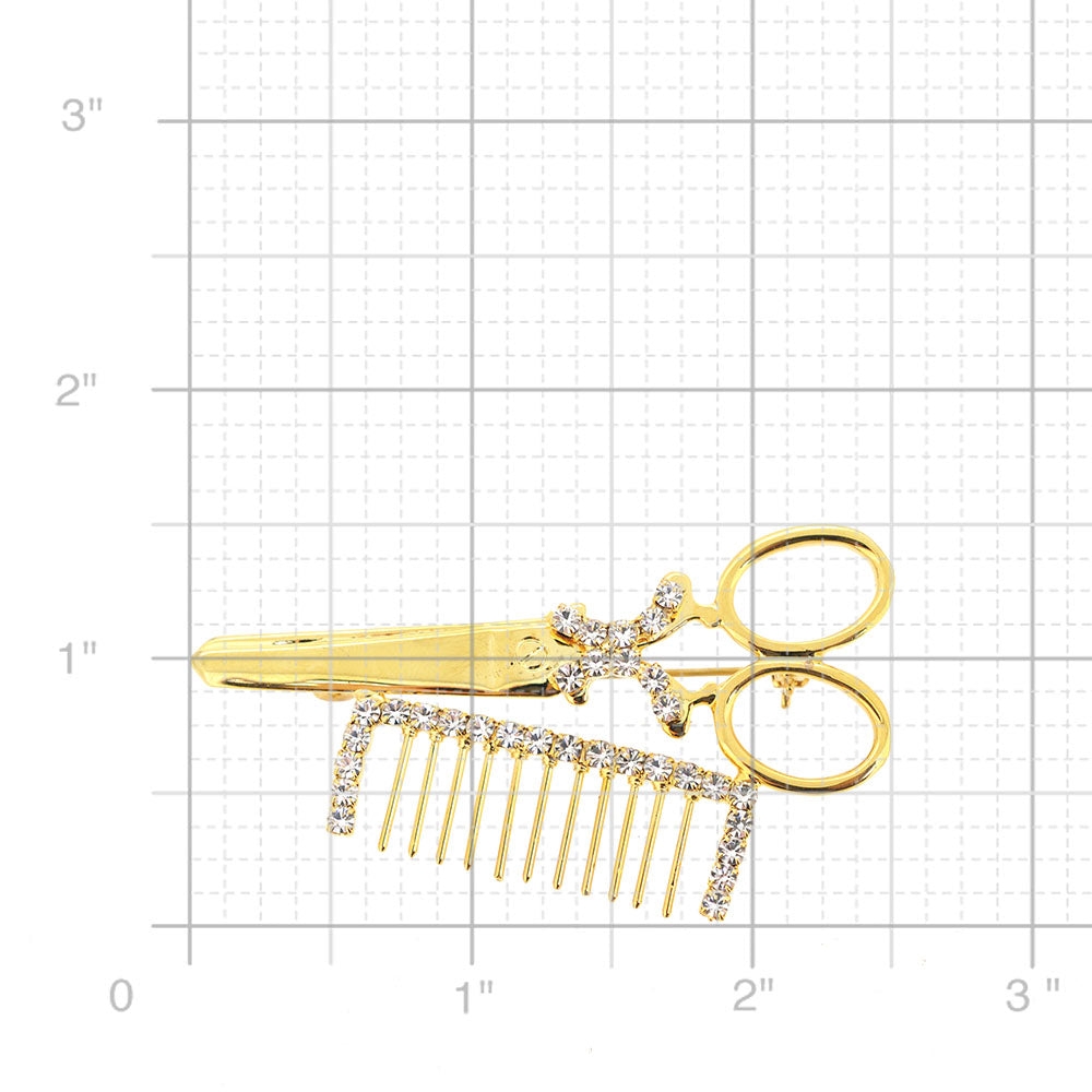 Gold Hair Scissors and Comb Brooch Pin