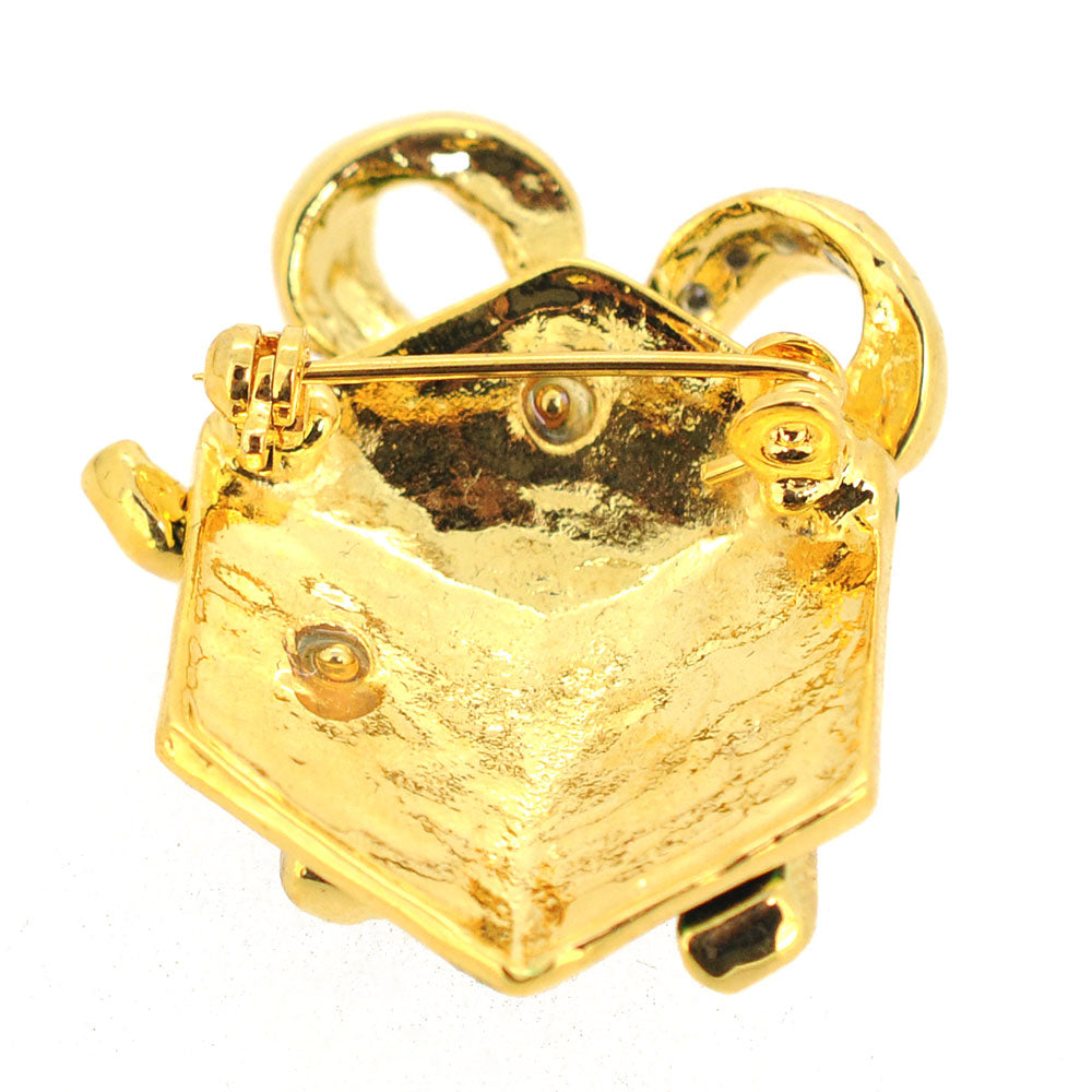 Green Christmas Giftbox with Gold Bow Brooch Pin