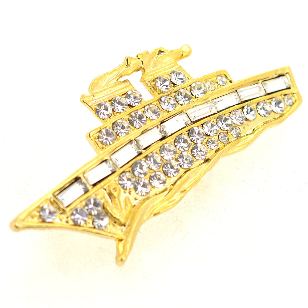 Golden Steamboat Crystal Brooch Pin