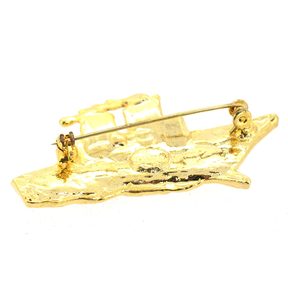Golden Steamboat Crystal Brooch Pin