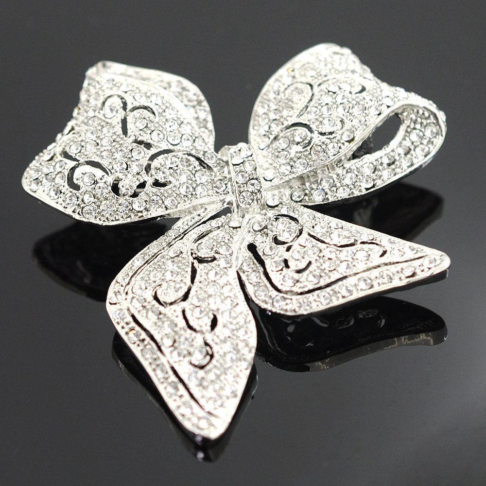 Silver Large Draped Bow Brooch Pin