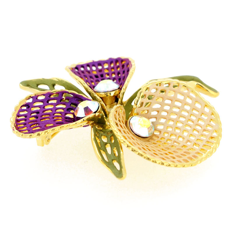 Purple Peach Netted Orchid Swarovski Crystal Flower Pin Brooch