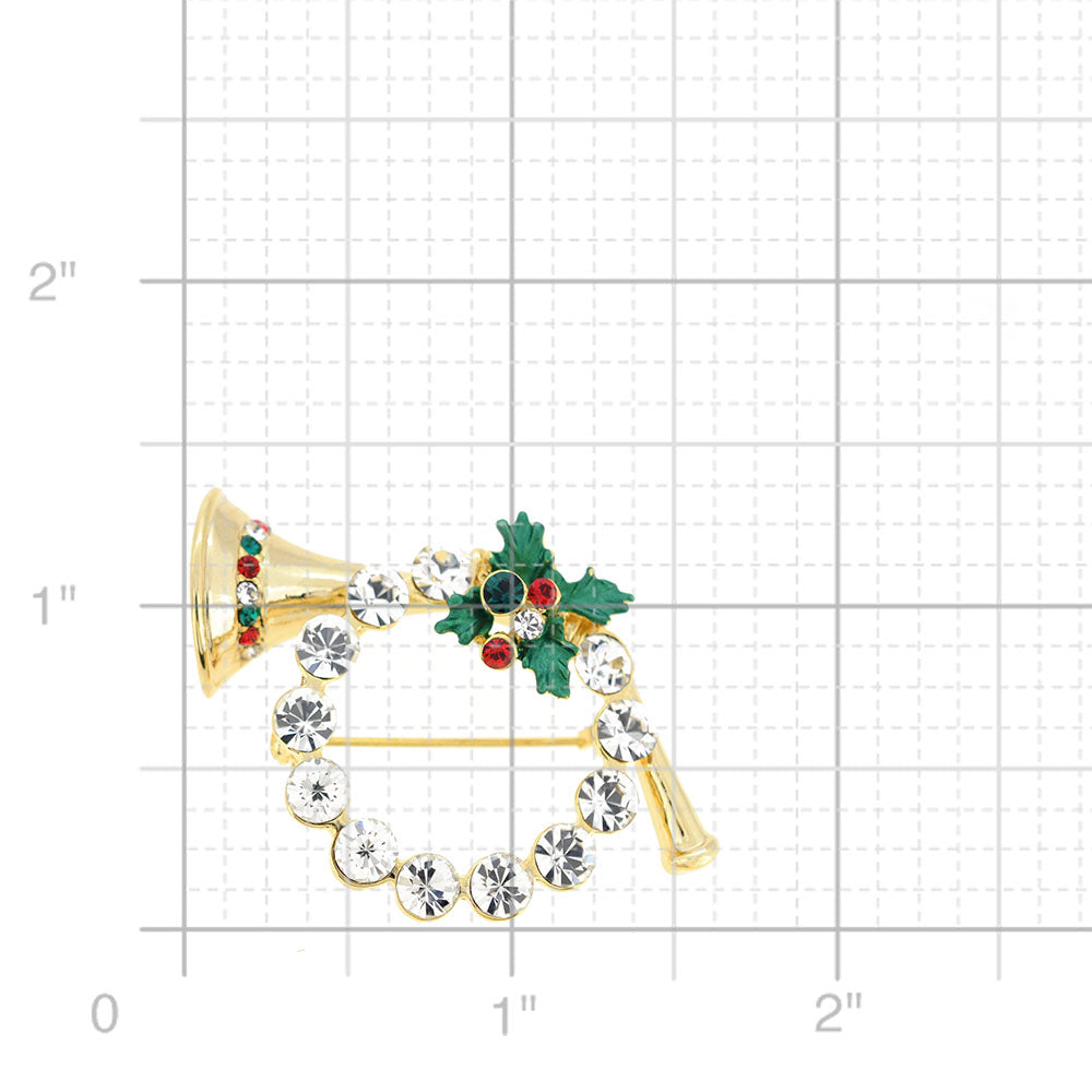 Chrome Christmas Horn Wreath Crystal Pin Brooch