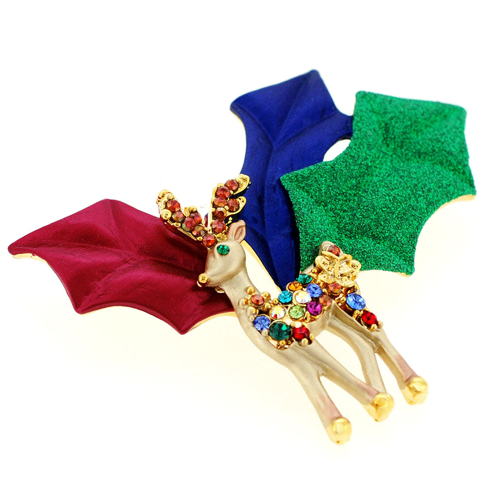 Multicolor Christmas Reindeer Swarovski Crystal Pin Brooch