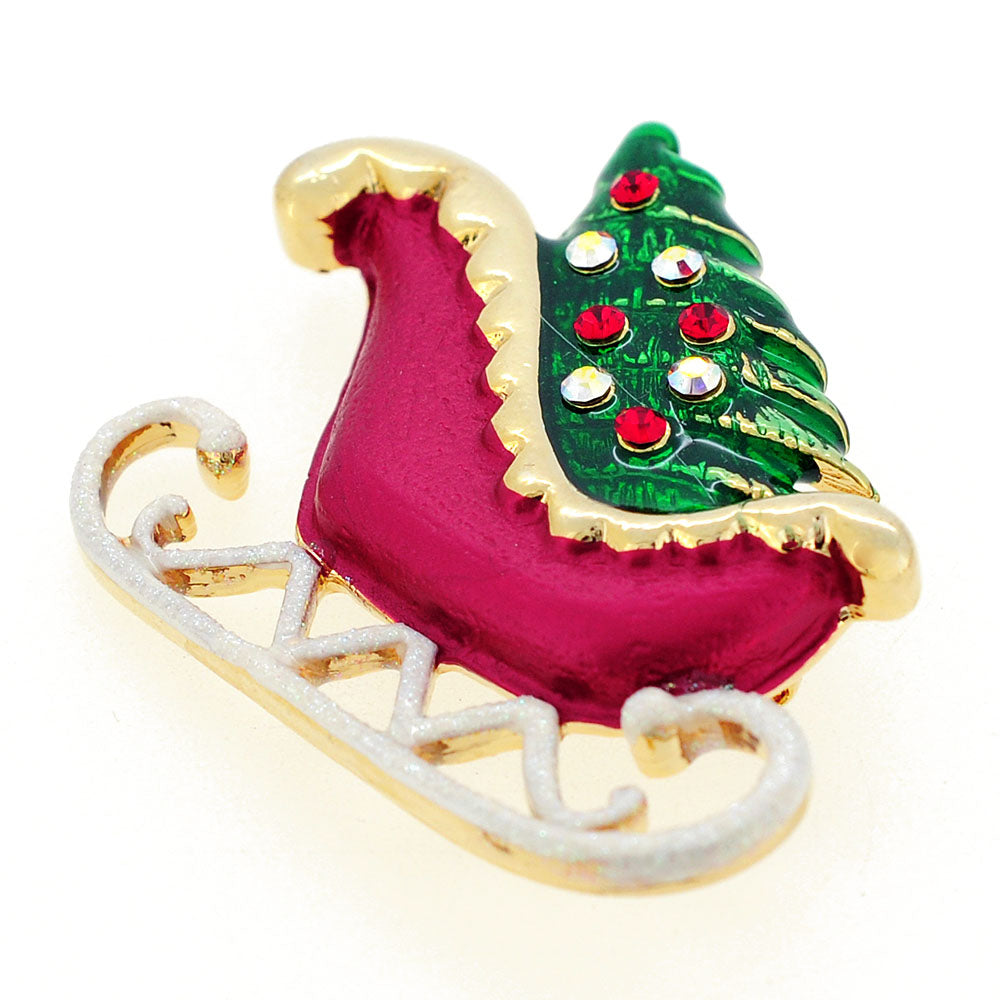 Red Christmas Sleigh Swarovski Crystal Pin Brooch