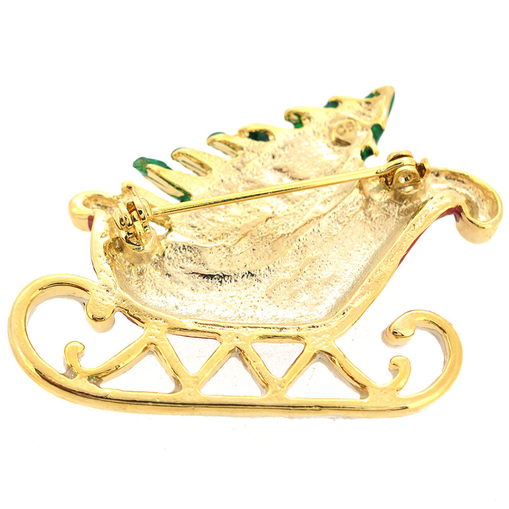 Red Christmas Sleigh Swarovski Crystal Pin Brooch