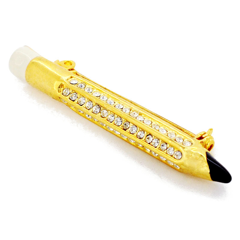 Golden Teacher Pencil Swarovski Crystal Brooch Pin