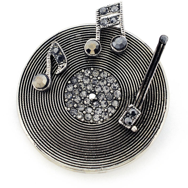 Crystal Silver Shade Long Playing Record With Music Note Pin Music Brooch Pin