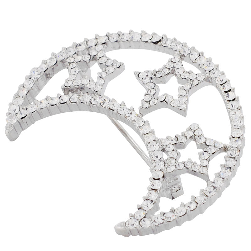 Crystal Half Moon And Stars Brooch Pin