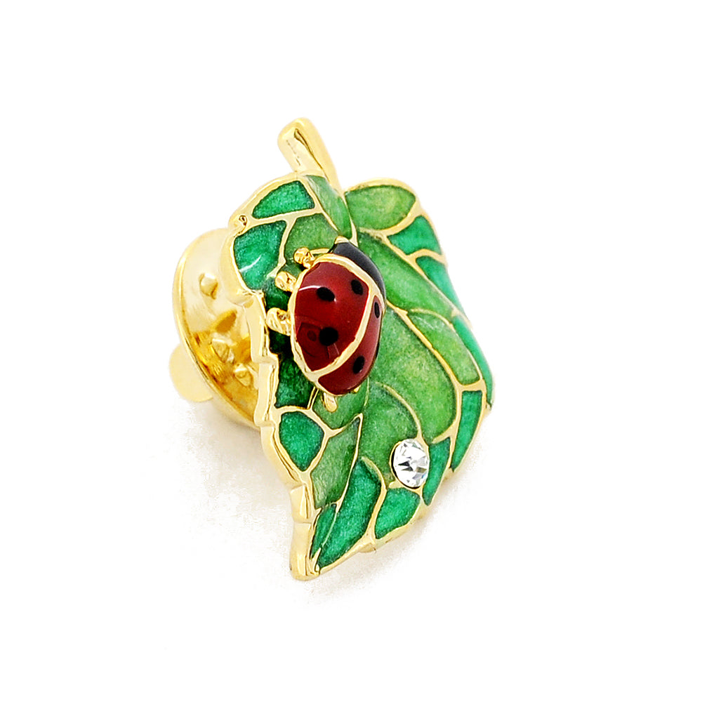 Green Leaf Ladybug Crystal Lapel Pin
