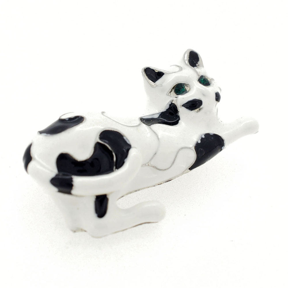 White and Black Enamel Cat Pin Brooch
