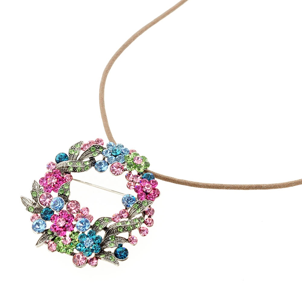 Multicolor Flower Wreath Crystal Pin Brooch and Pendant