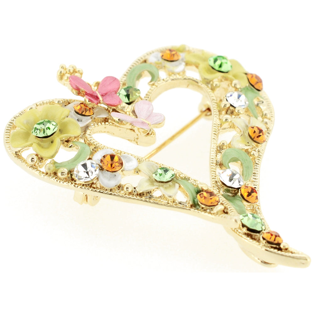 Pink Multicolor Butterfly and Flower Heart Swarovski Crystal Pin Brooch