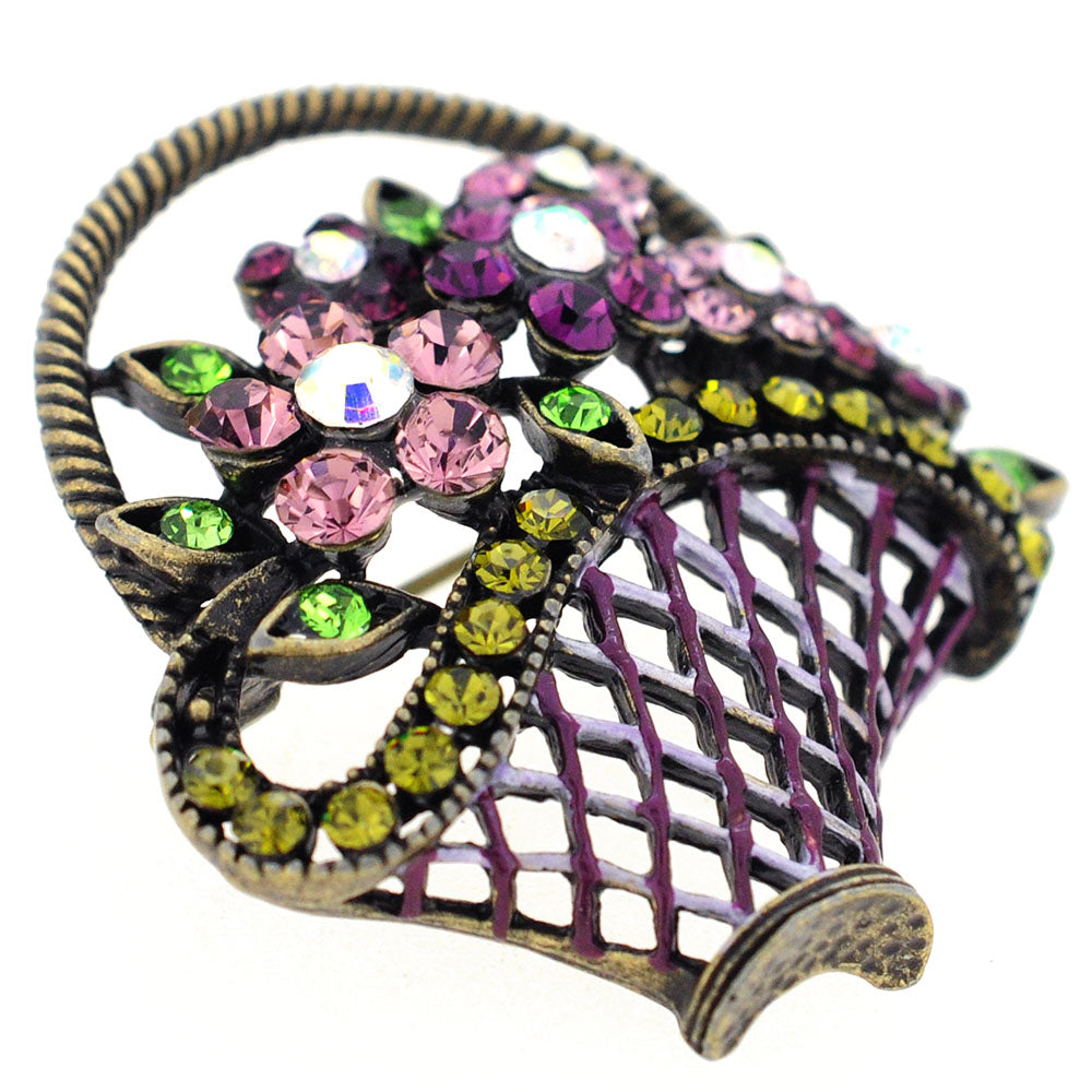 Purple Flower Basket Antique Style Crystal Pin Brooch