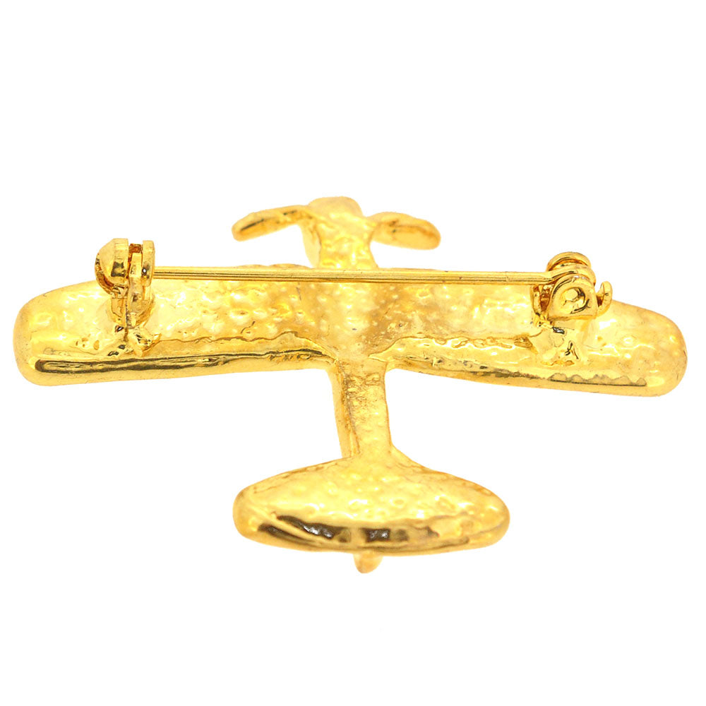 Golden Airplane Crystal Brooch Pin