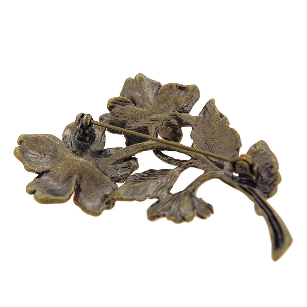 Pink Flower Green Leaf Swarovski Crystal Pin Brooch