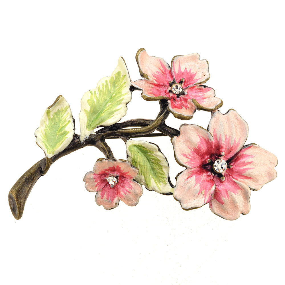 Pink Flower Green Leaf Swarovski Crystal Pin Brooch