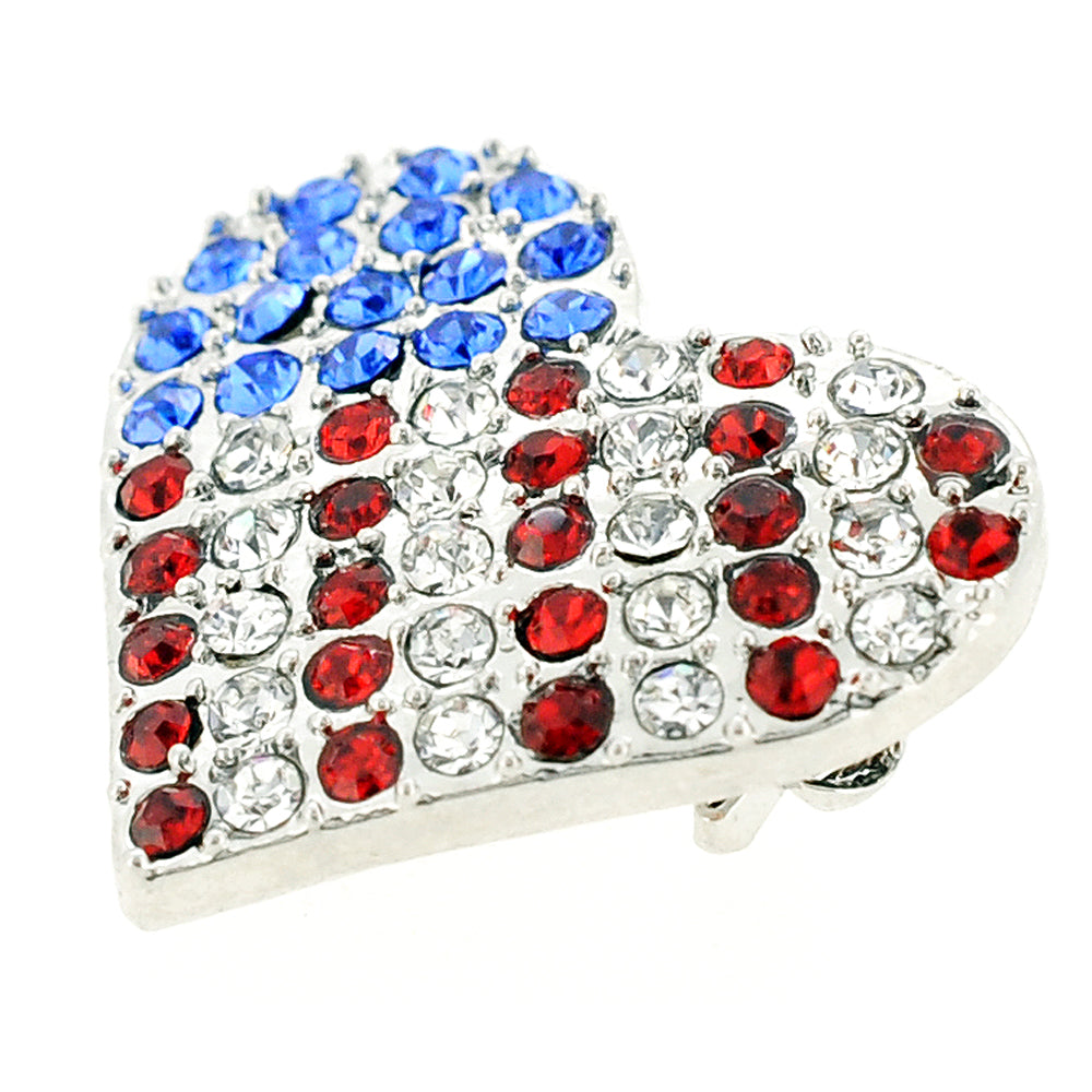 Silver American Flag Heart Patriotic Crystal Pin Brooch