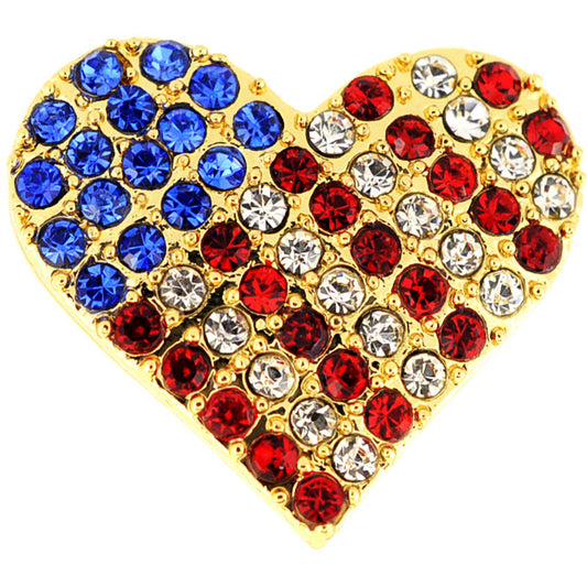 Golden American Flag Heart Patriotic Crystal Pin Brooch