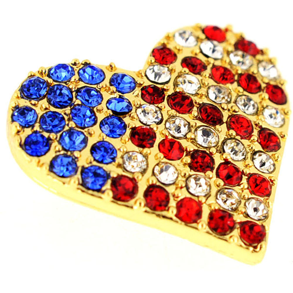 Golden American Flag Heart Patriotic Crystal Pin Brooch