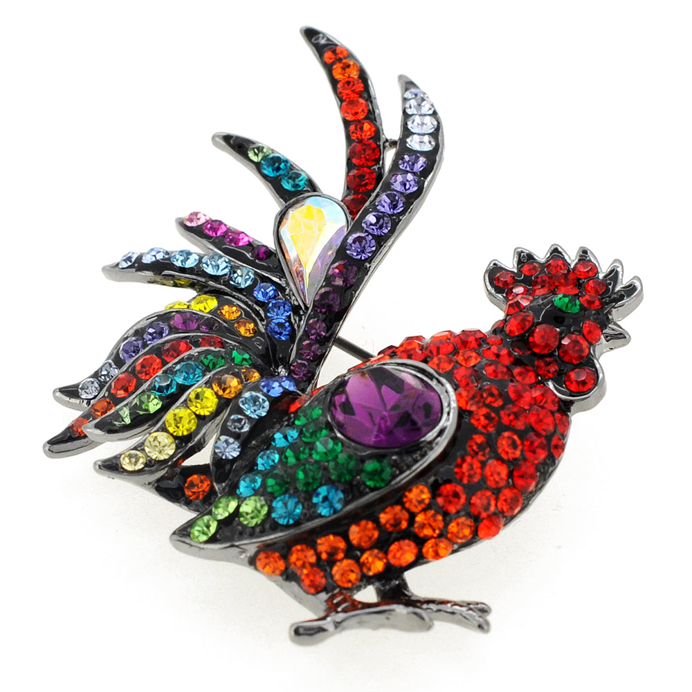 Multicolor Rooster Swarovski Crystal Pin Brooch and Pendant