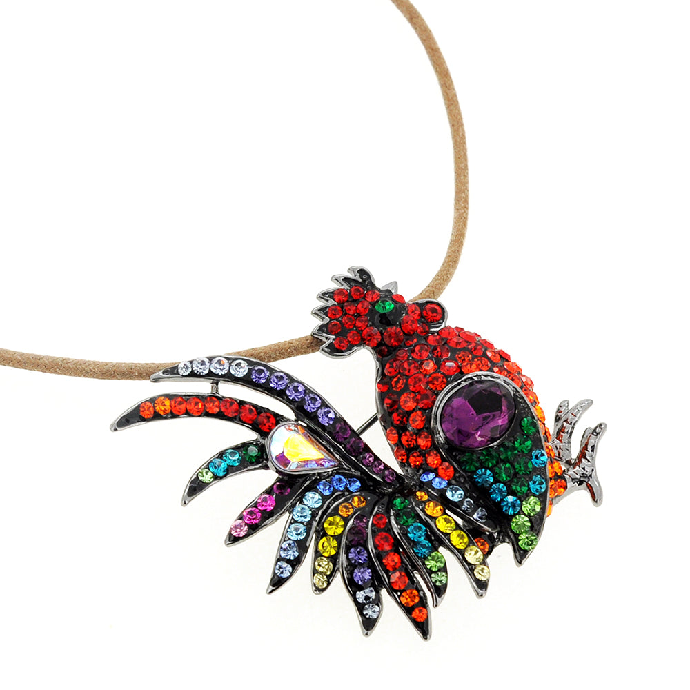 Multicolor Rooster Swarovski Crystal Pin Brooch and Pendant