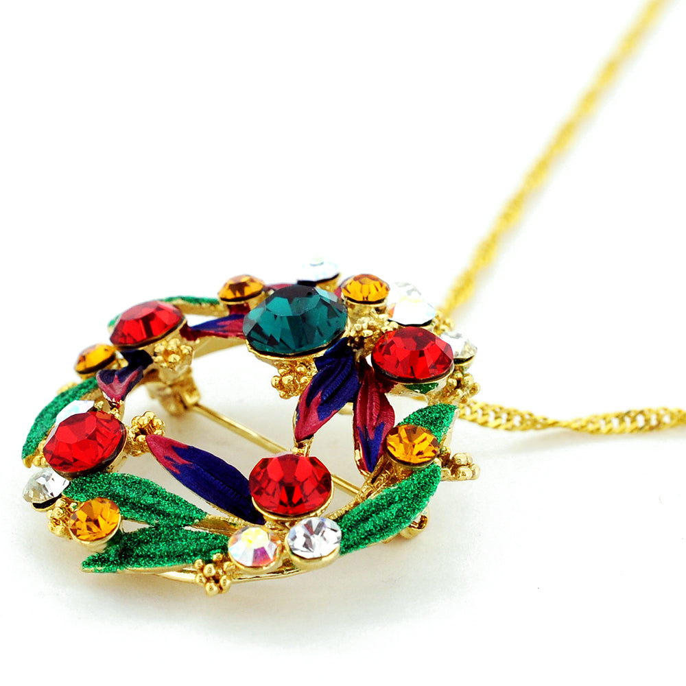 Multicolor Christmas Wreath Swarovski Crystal Pin Brooch And Pendant