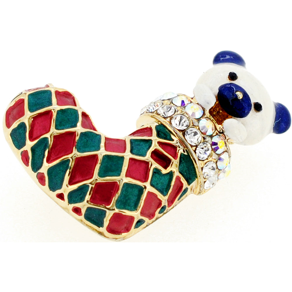 Multicolor Christmas Stocking Bear Swarovski Crystal Pin Brooch